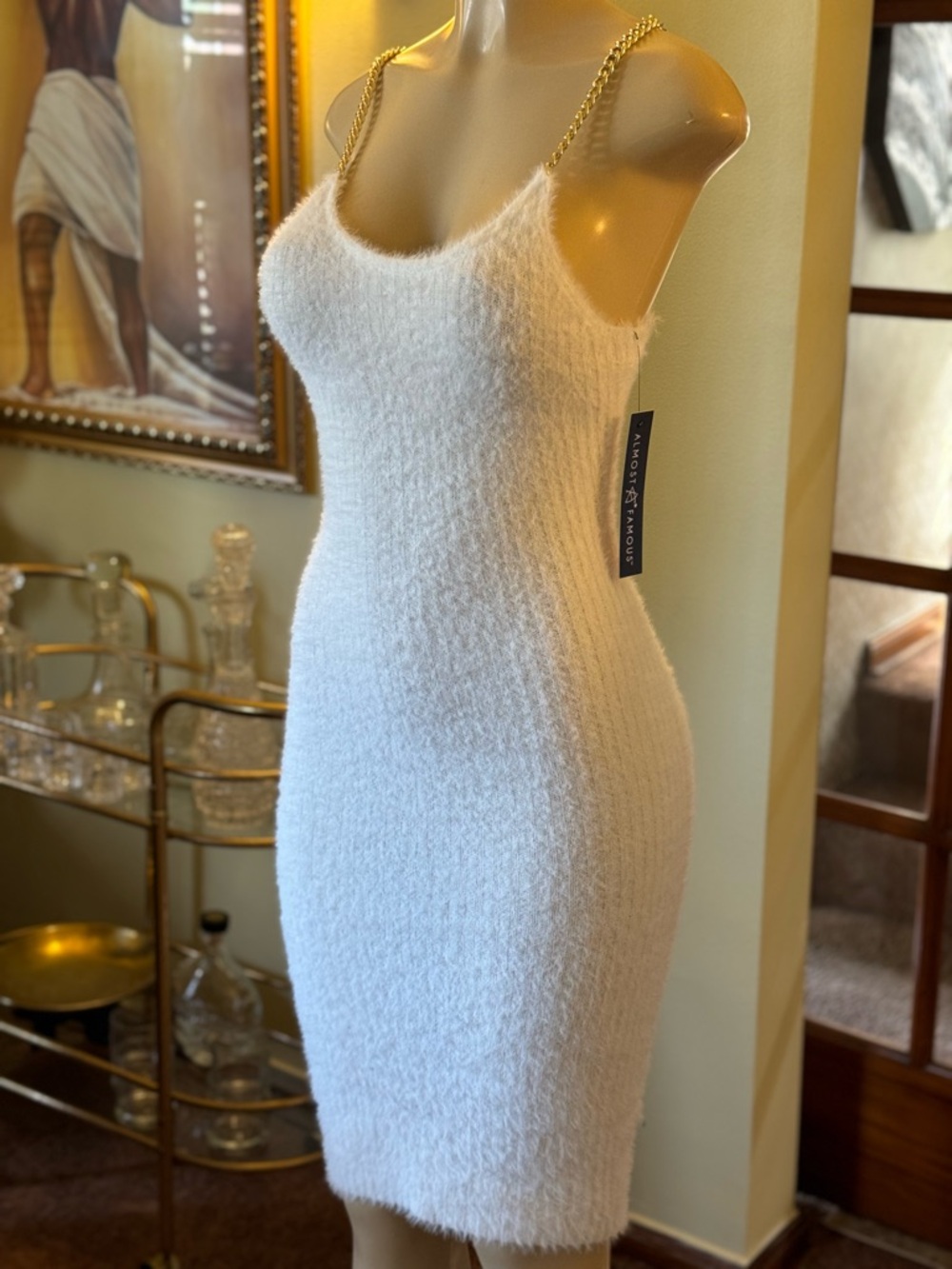 White Fuzzy Chain-Strap Sheath Dress - Brand: